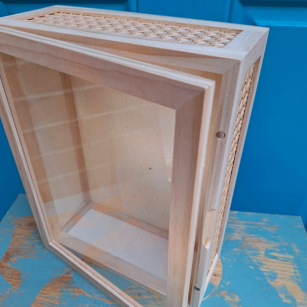 Wood and Glass Display Box or Wall Shelf Hinged Lid Wicker Trinkets Collectibles - Picture 10 of 15